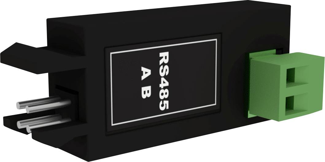 Schwarzer RS485-Adapter mit grüner und schwarzer Anschlussklemme, etiketiert mit 'RS485 A B'. Verbindet serielle Datenübertragungsgeräte.