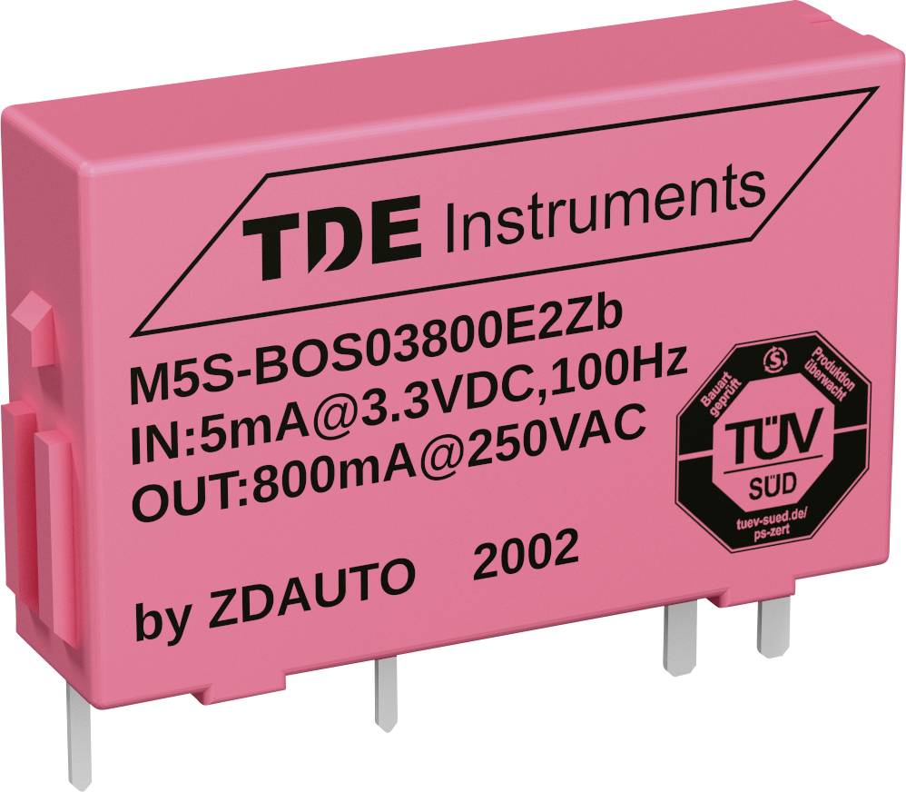 Rosa Relais, markiert mit TDE Instruments, Modell M5S-BOS03800E2Zb. Eingang: 5mA@3,3VDC, Ausgang: 800mA@250VAC, TÜV SÜD geprüft.