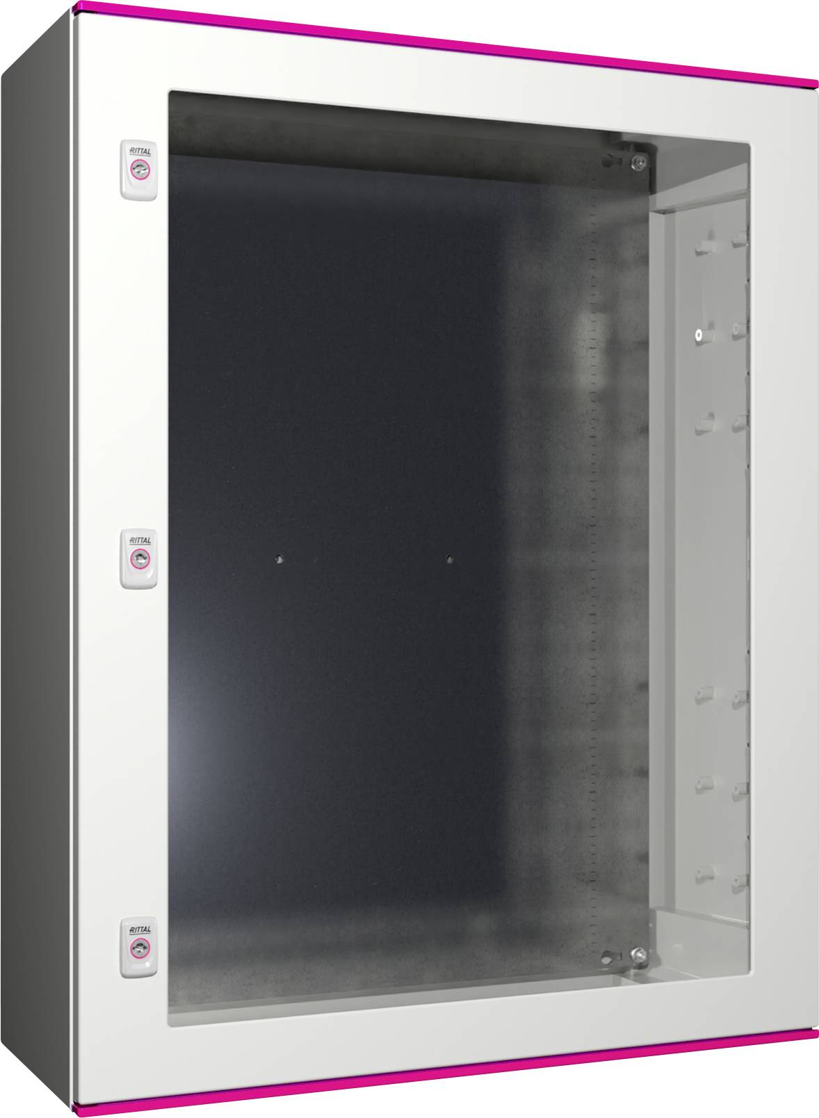 Metallschrank mit Glastür, heller Rahmen und rosa Akzentstreifen an den Kanten. Kastenform, geeignet für Wandmontage.