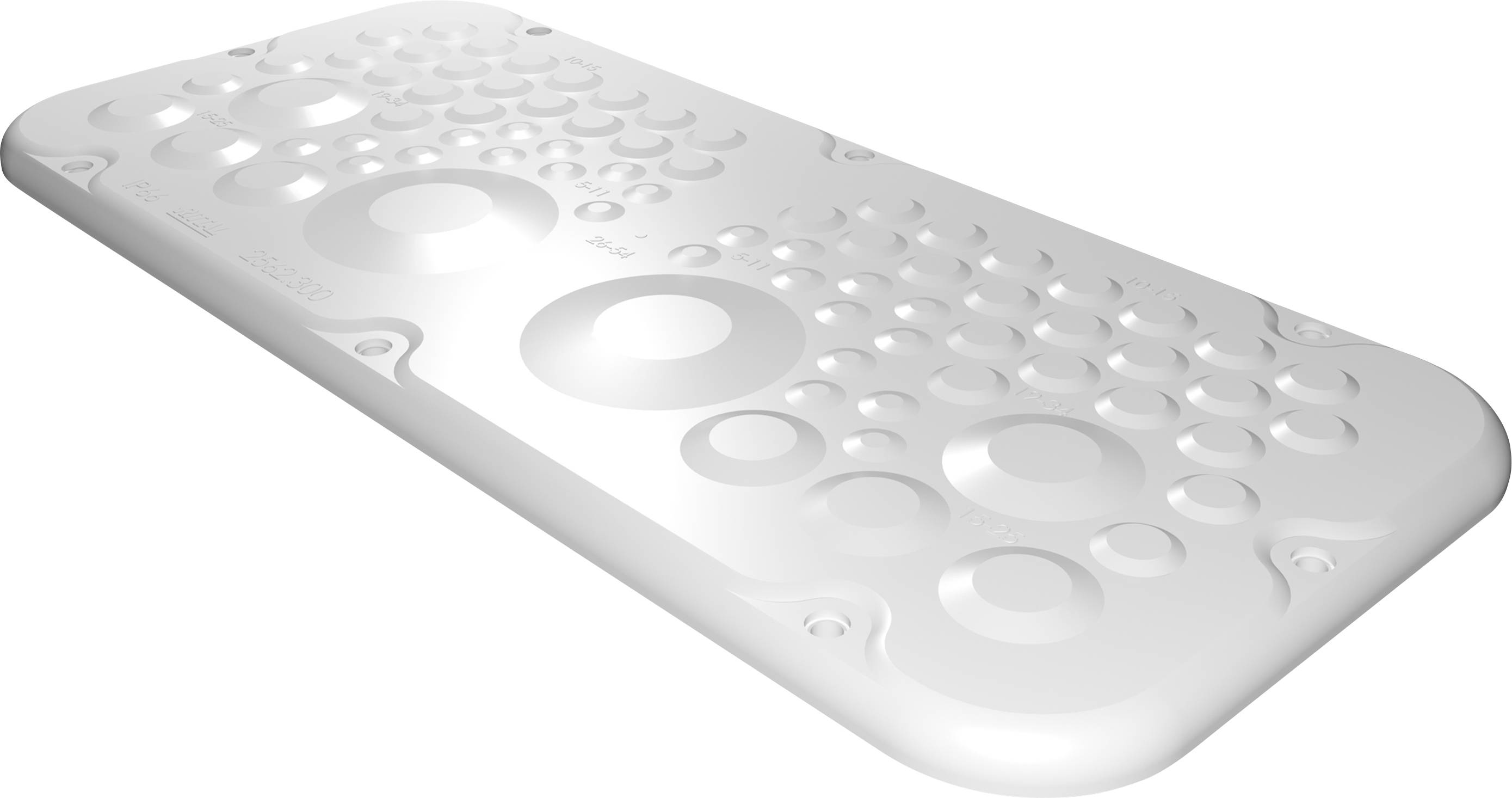 Weiße Bodenplatte mit vielen runden Erhebungen unterschiedlicher Größe, dient möglicherweise als rutschfeste Oberfläche.