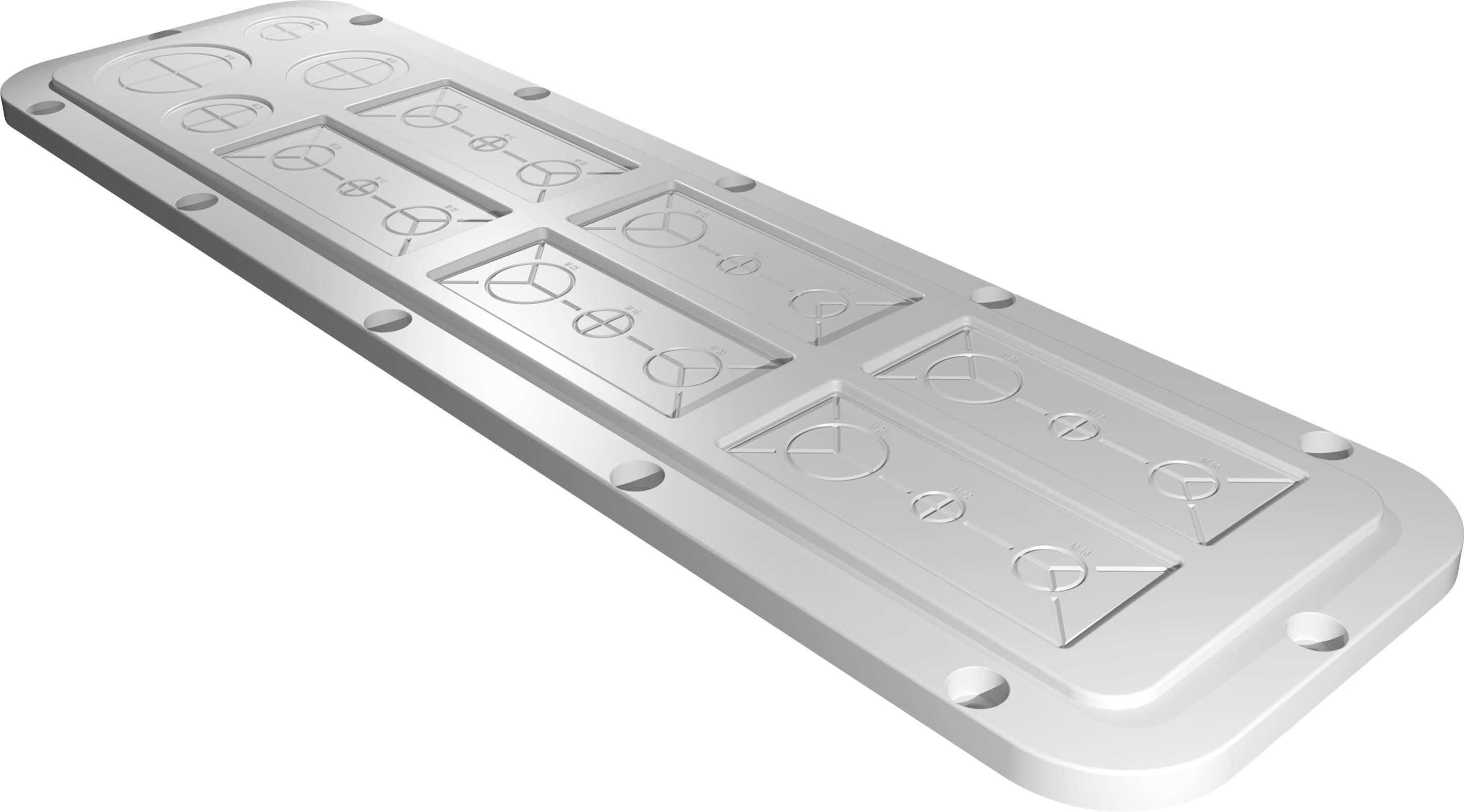 Rechteckige Metallplatte mit symmetrischen Gravuren und mehreren Schraubenlöchern an den Rändern.