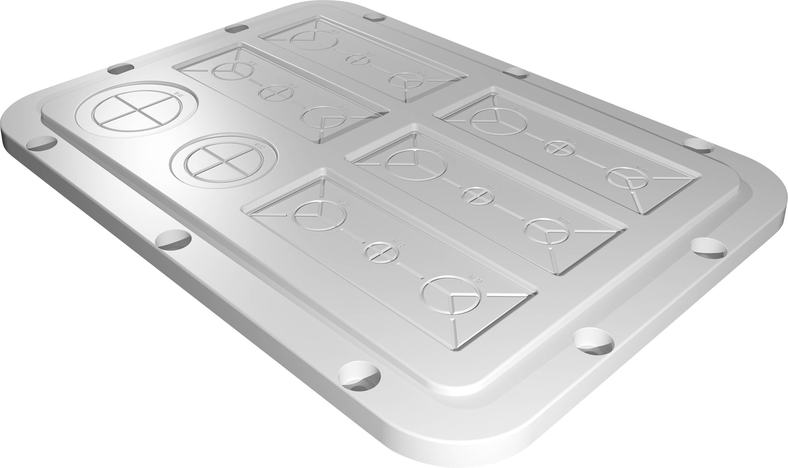 Ein grauer Metallrahmen mit vertieften rechteckigen und kreisförmigen Mustern. Der Rahmen hat abgerundete Ecken und Schraubenlöcher.