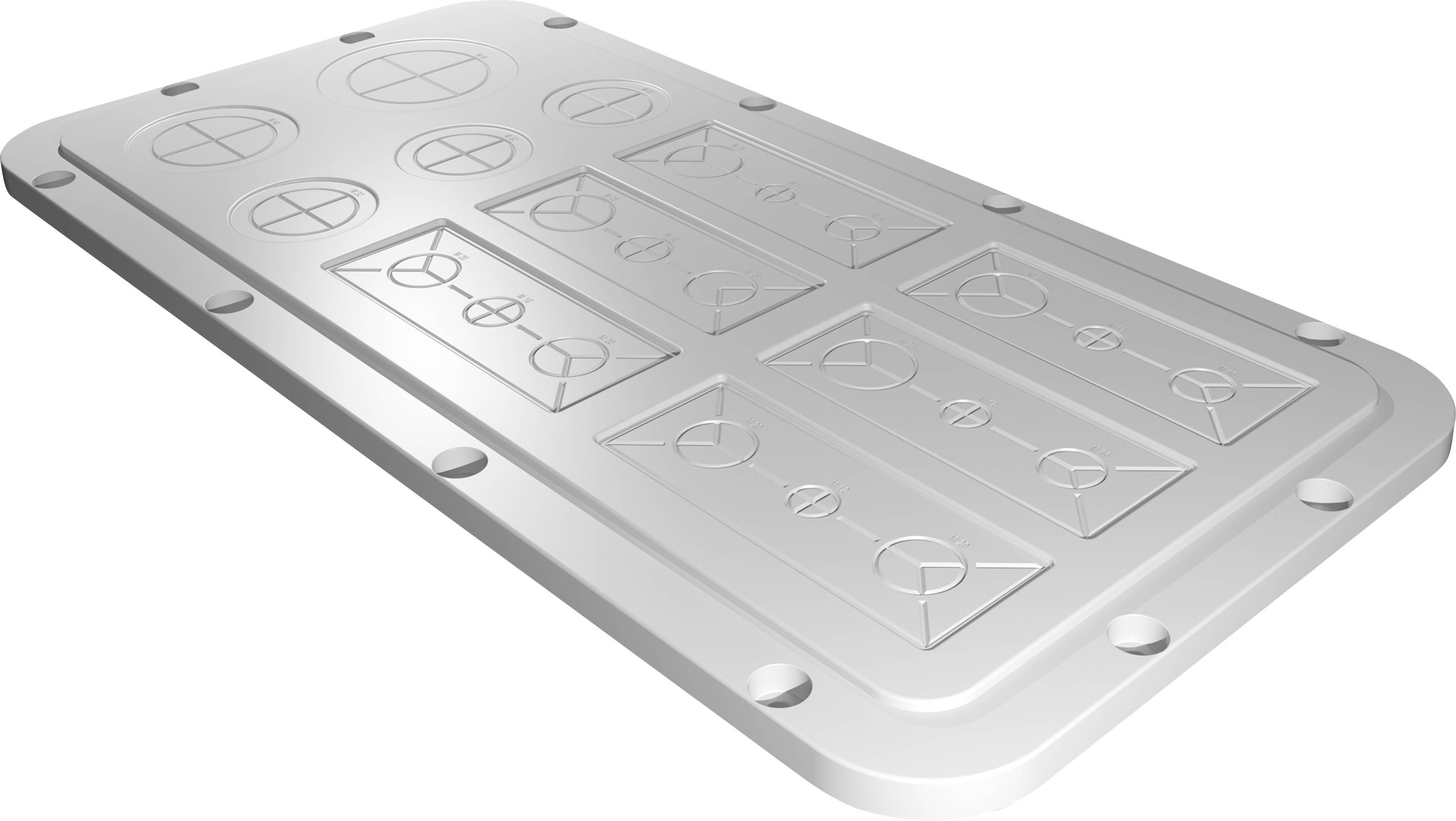 Metallplatte mit Schraublöchern und verschiedenen eingeprägten geometrischen Mustern. Ideal für industrielle oder technische Anwendungen.