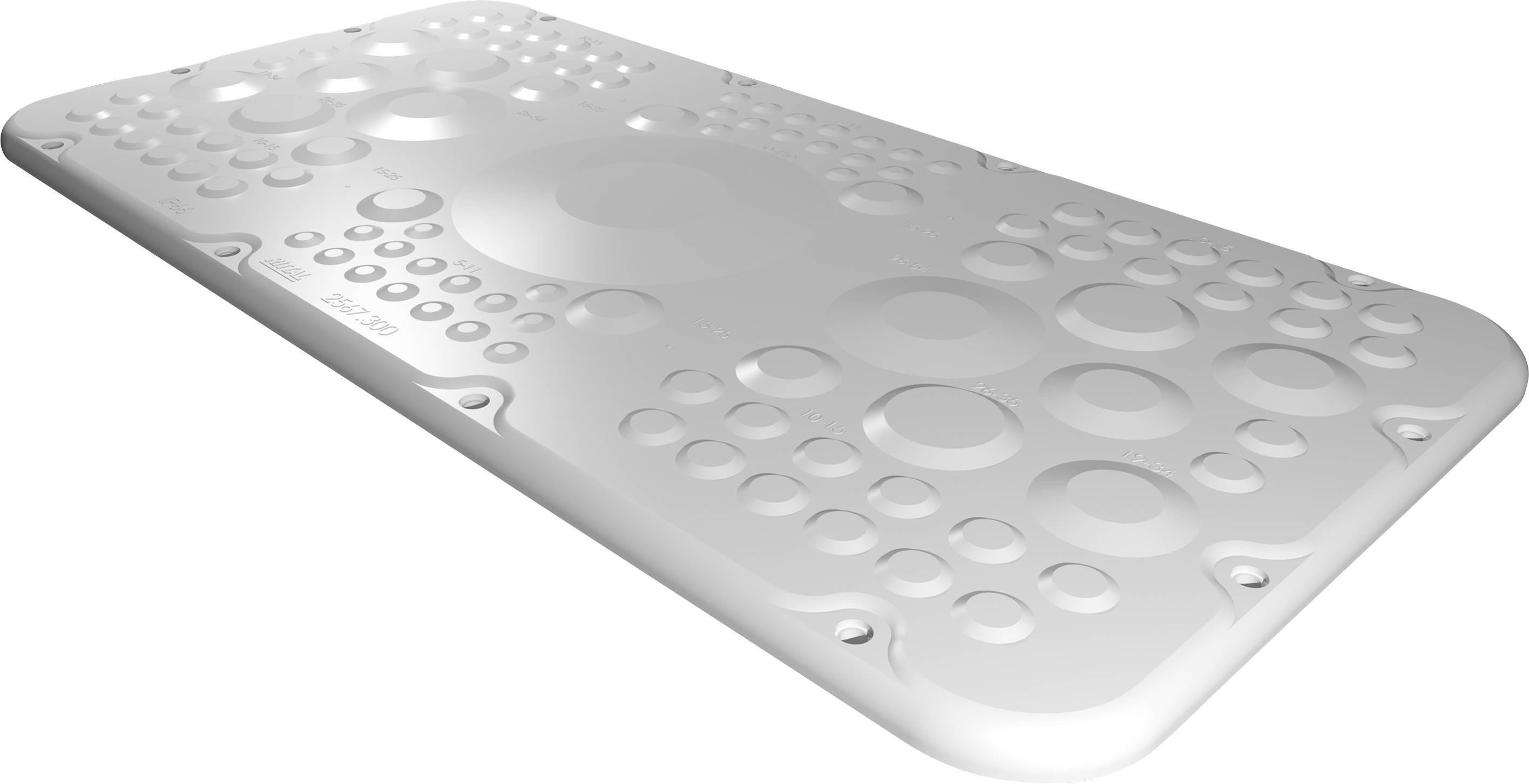 Rechteckige weiße Platte mit kreisförmigen Erhebungen unterschiedlicher Größe. Hauptmerkmal sind die texturierten Muster auf der Fläche.