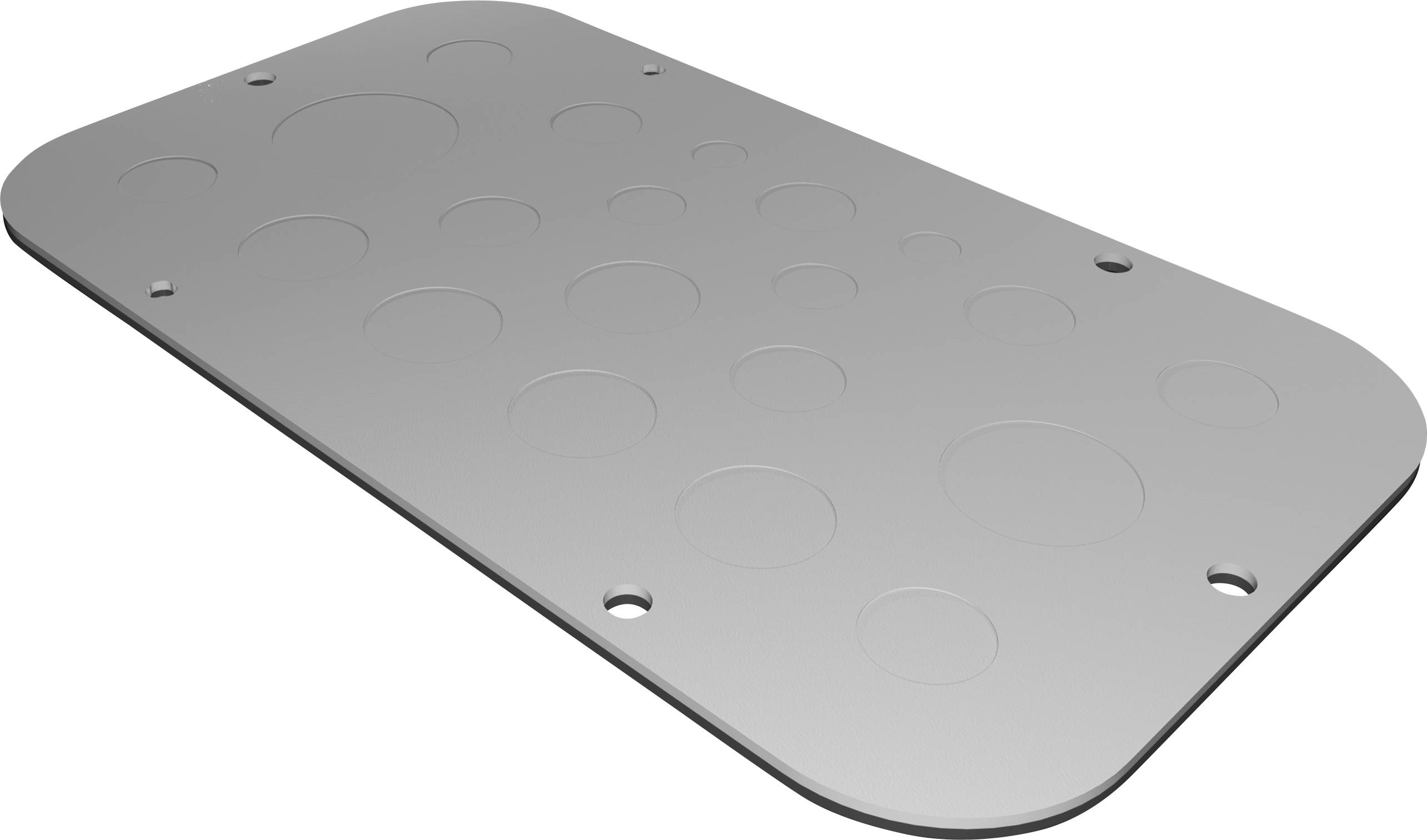 Metallplatte mit mehreren gestanzten Löchern in verschiedenen Größen. Sie hat abgerundete Ecken und vier Schraubenlöcher.