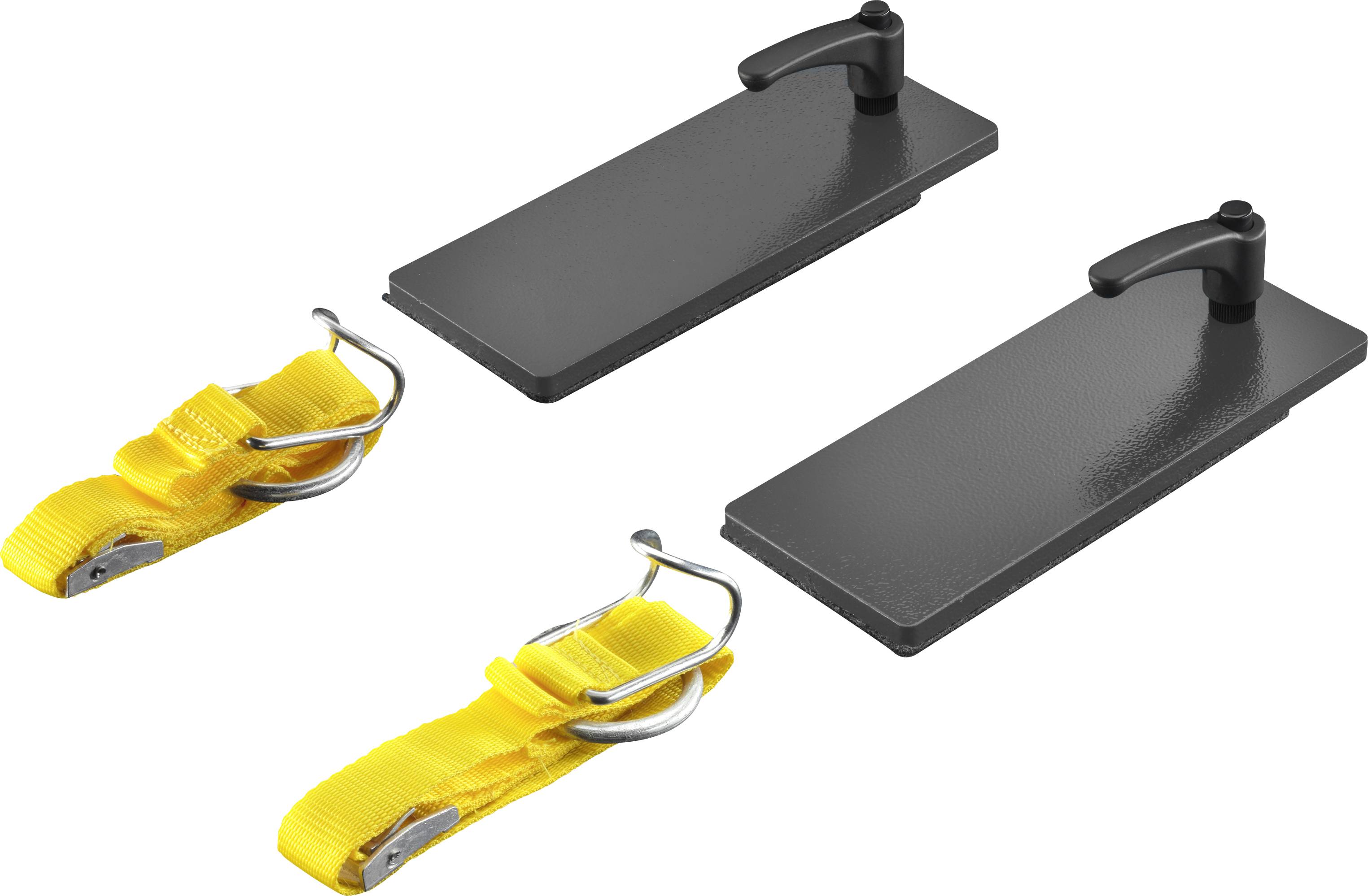 Zwei rechteckige schwarze Metallplatten mit einem Griff und zwei gelbe Spannriemen mit Haken, die zusammen als Transportset verwendet werden.