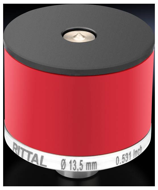Ein runder roter Elektronik-Bauteil mit schwarzer Oberseite. Beschriftung: 'RITTAL', Durchmesser 13,5 mm und 0,531 Inch.