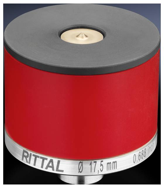 Ein roter Abdeckknopf mit Metallrand, auf dem 'RITTAL Ø 17,5 mm 0.688 inch' steht. Oben ist eine kleine, zentrale Erhebung sichtbar.