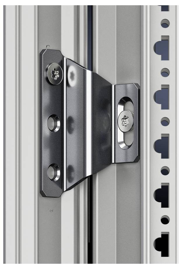 Metallhalterung verbindet zwei vertikale Aluminiumprofile mit Löchern entlang der Seiten, zeigt Befestigungsmöglichkeiten.