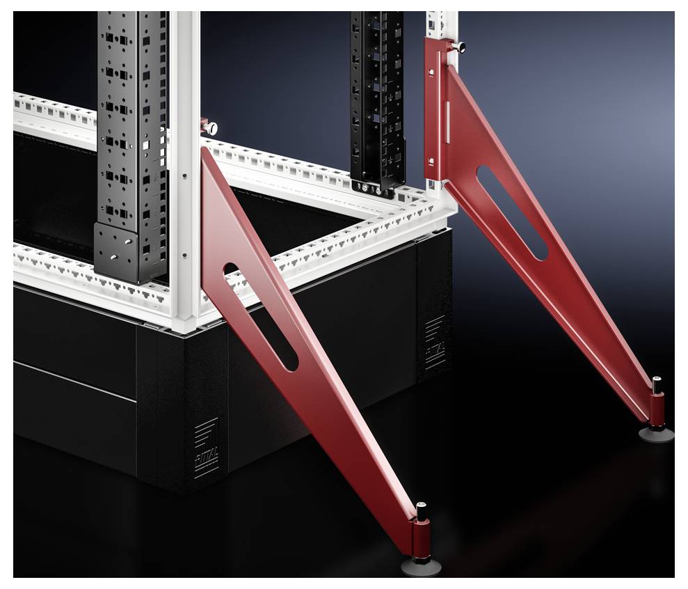 Detailansicht einer strukturellen Verstärkung mit roten Stützwinkelstreben, die an den Kanten eines rechteckigen Rahmens befestigt sind.