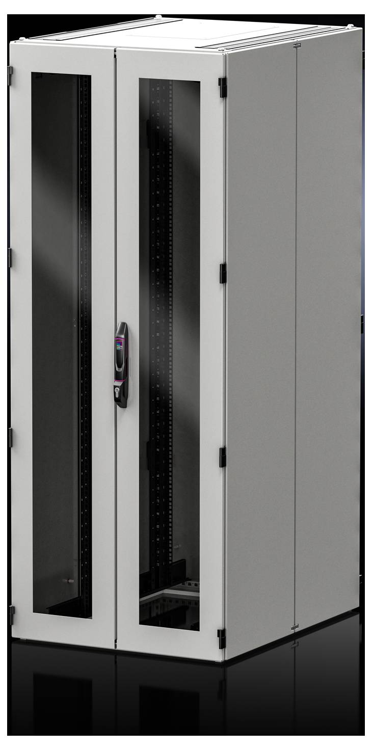 Ein graues Server-Rack mit Glastüren, zeigt eine robuste Bauweise ohne sichtbaren Inhalt, auf einem glänzenden schwarzen Boden.