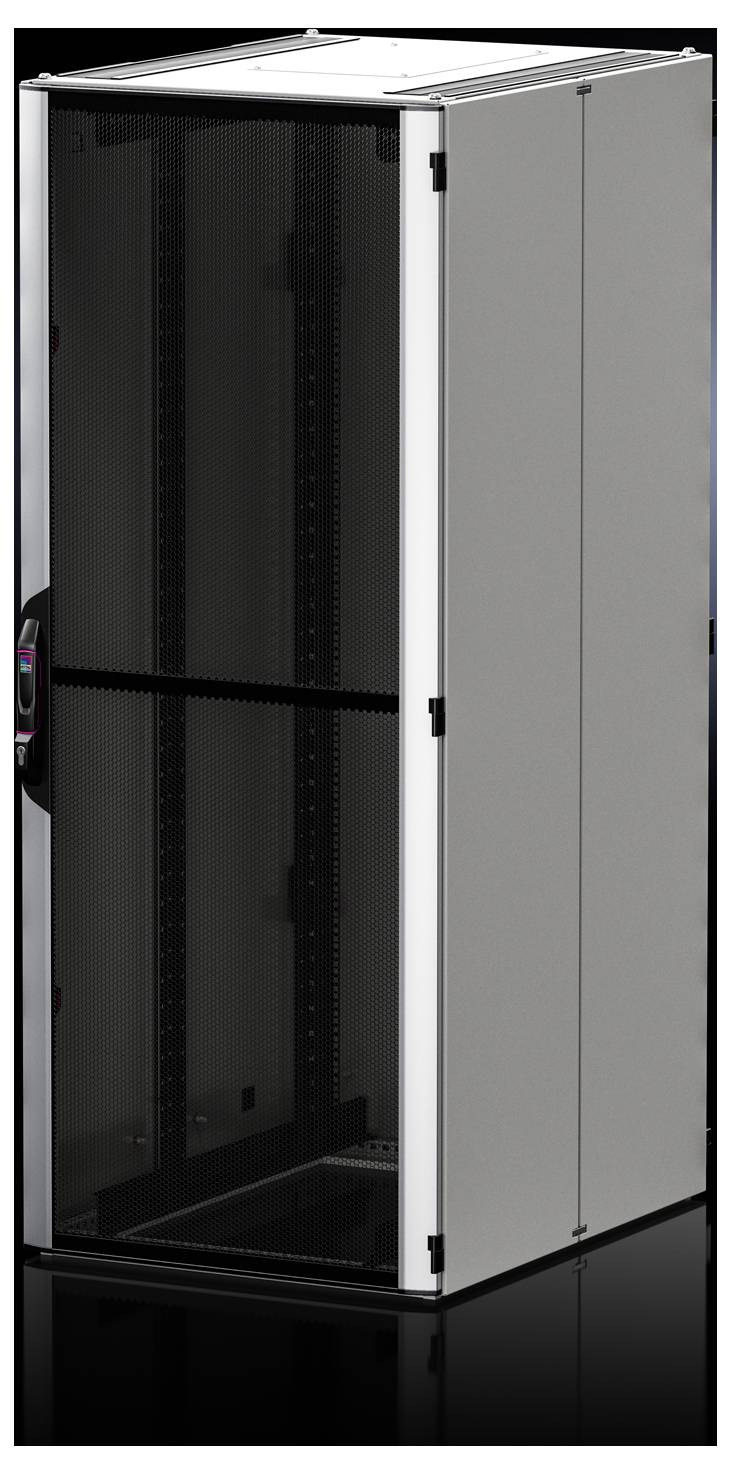 Ein grauer Server-Rack-Schrank mit Glastür, stehend auf einem schwarzen Boden, geeignet für IT-Ausrüstung oder Netzwerktechnik.