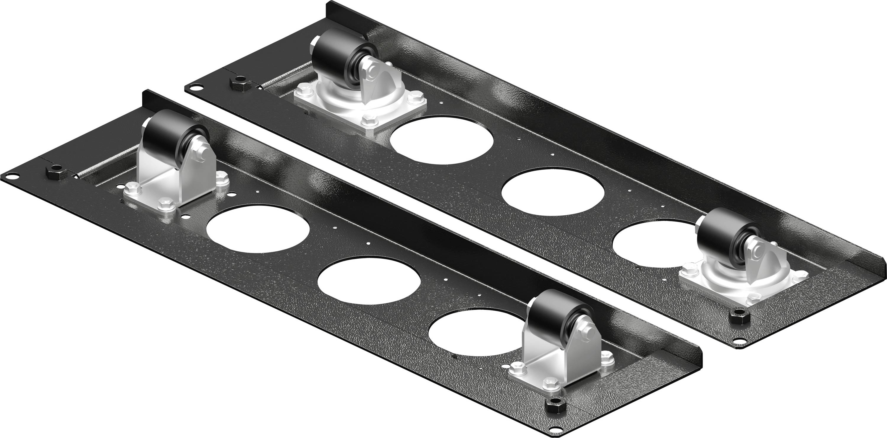 Zwölf schwarze Metallplatten mit kugelgelagerten Rollen, je drei Löcher pro Platte.