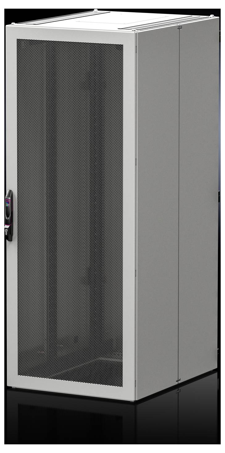 Ein grauer Serverschrank mit perforierter Metalltür steht auf einem dunklen Boden. Der Schrank hat ein einfaches, modernes Design.