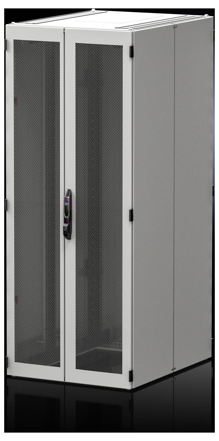 Ein grauer Server-Schrank mit Gittertüren steht auf einem dunklen Boden. Die Türen haben Griffe und schwarze Scharniere.
