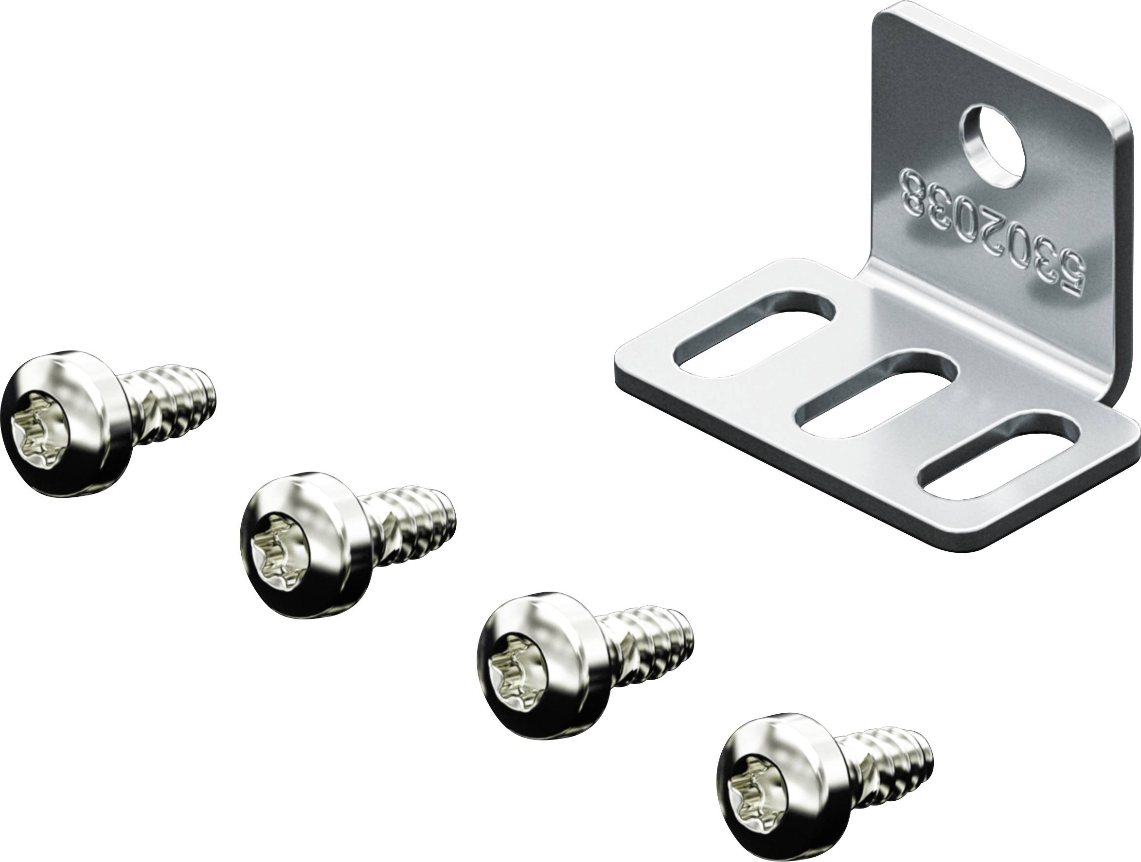 Eine rechteckige Metallhalterung mit drei rechteckigen Schlitzen und vier dazugehörigen Schrauben.