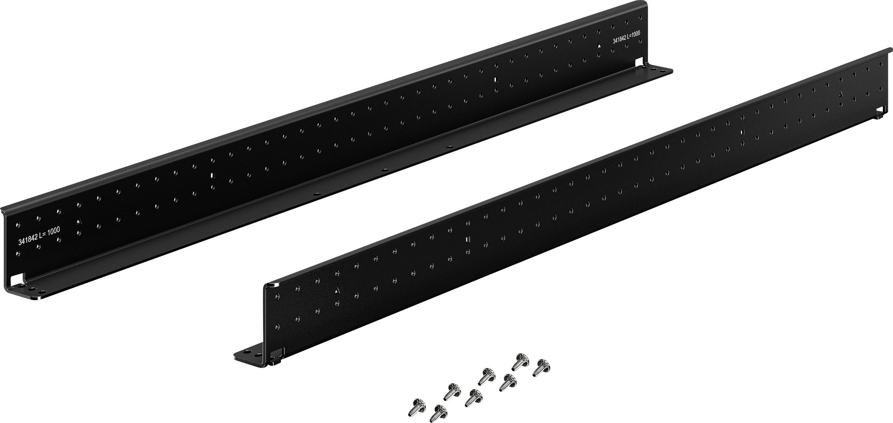 Metallwinkel-Set für die Rack-Montage, bestehend aus zwei schwarzen Schienen mit Montageschrauben. Ideal für Serverintegration.