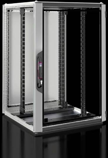 Server-Rack-Gehäuse mit Glastür, offenem Gestell und schwarzem Rahmen. Geeignet für die Montage von IT-Equipment in Rechenzentren.
