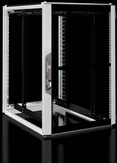 Ein leeres, stehendes Server-Rack mit schwarzem Rahmen und metallischen Kanten auf einem dunklen Hintergrund.