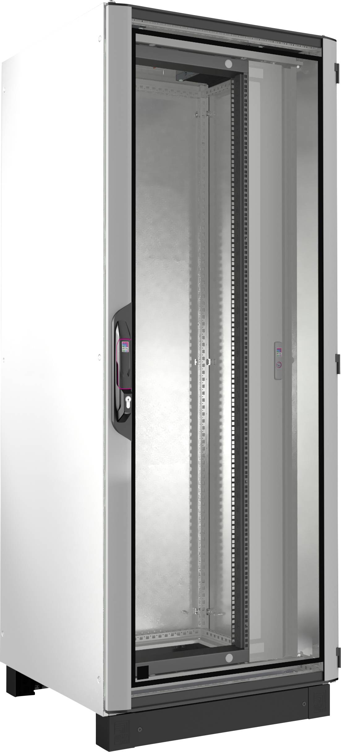 Ein großer Schrank mit Glastür und seitlichem Griff, stehend auf einem schwarzen Sockel, geeignet für elektronische Geräte.