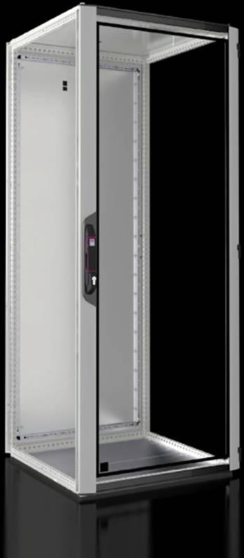 Ein offenes Server-Rack mit einer Glastür, das einen Blick auf die leeren Regale ermöglicht, vor einem schwarzen Hintergrund.
