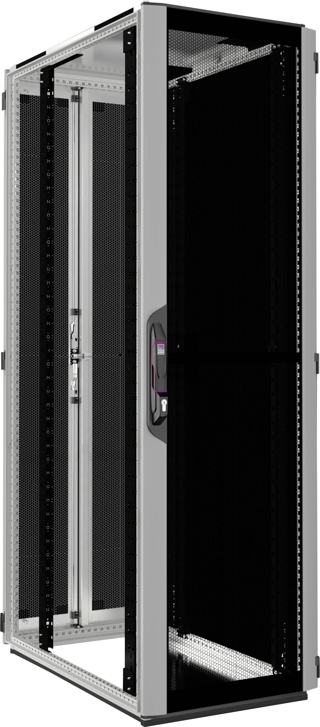 Ein schwarzes Server-Rack mit Glastür und integriertem Schließmechanismus. Geeignet für den Einsatz in Rechenzentren.