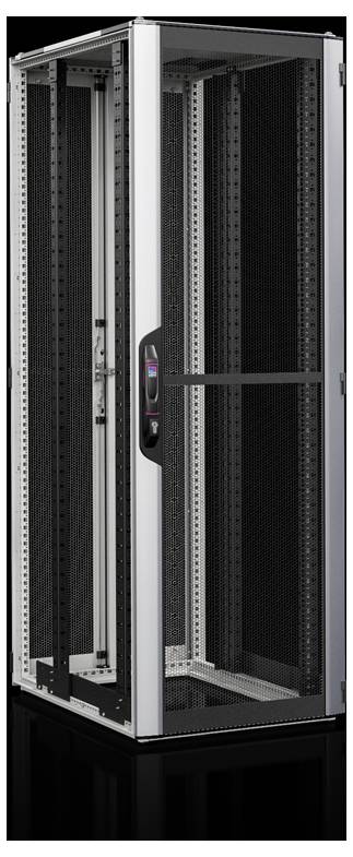 Server-Rack in einem modernen Design, mit Gitternetz für Belüftung und einer Tür mit Schloss. Geeignet für die Unterbringung von Servern.