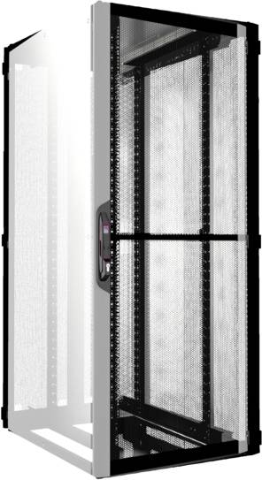 Ein geöffneter Server-Rack-Schrank mit sichtbaren Halterungen und Lüftungsöffnungen, geeignet zur Unterbringung von IT-Komponenten.
