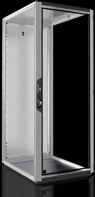 Metallschrank mit Glasfronttür, offen stehend. Der Schrank ist leer und zeigt ein robustes Design, typisch für Serverräume.