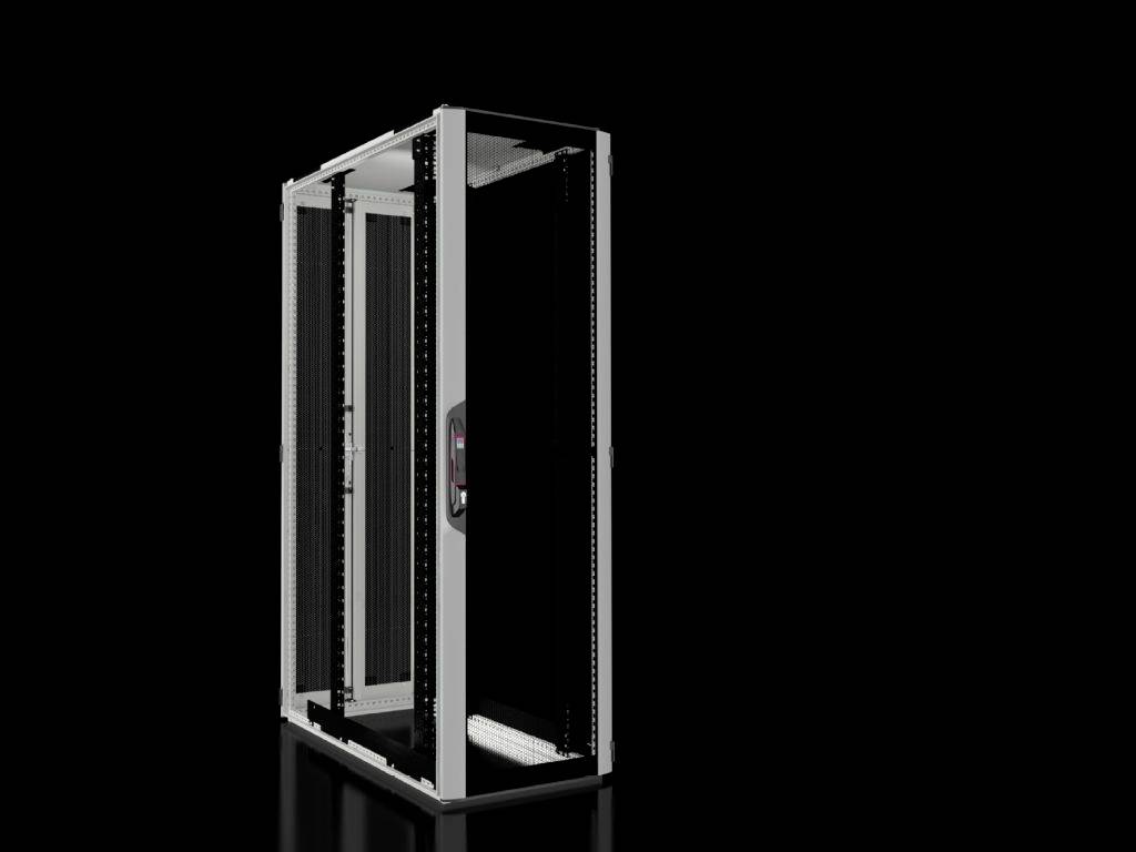 Server-Rack mit Metallgestell und Glastür, stehend auf schwarzem Hintergrund; geeignet für IT-Infrastruktur in Rechenzentren.