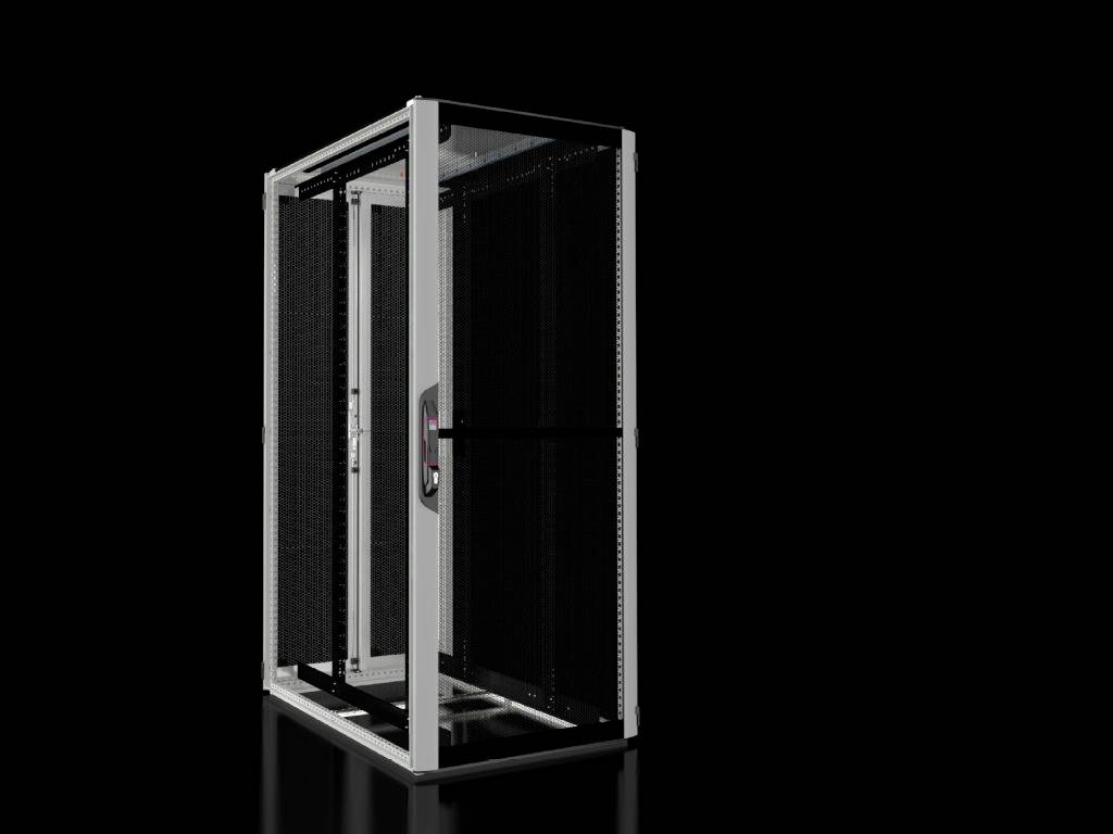 Ein schwarzer Server-Rack mit seitlichen Wänden und einer transparenten Fronttür steht auf einem dunklen Hintergrund.