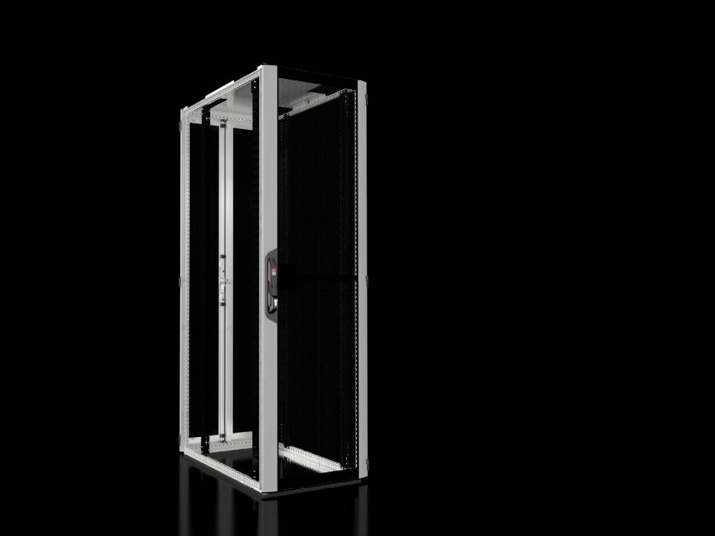 Ein schwarzer Serverschrank vor schwarzem Hintergrund, offen mit sichtbaren Regalen. Ideal für IT-Ausrüstung und Kabelmanagement.