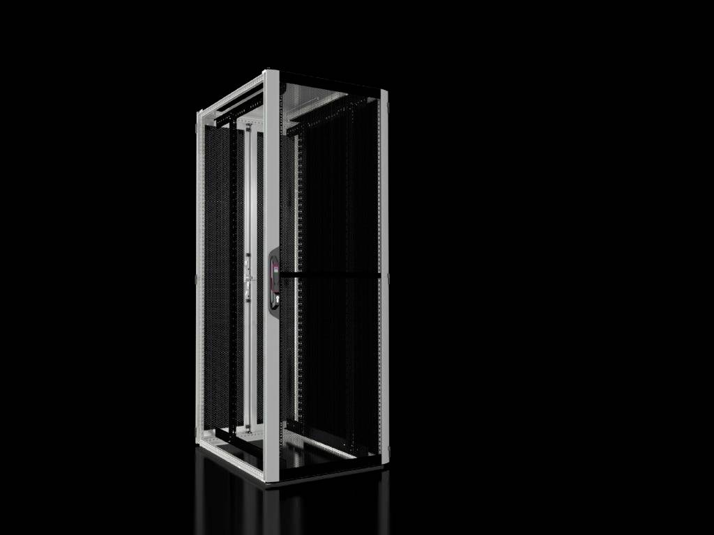 Ein moderner, leerer Server-Schrank auf schwarzem Hintergrund, zeigt Schlösser und Lüftungsgitter, geeignet für IT-Infrastruktur.