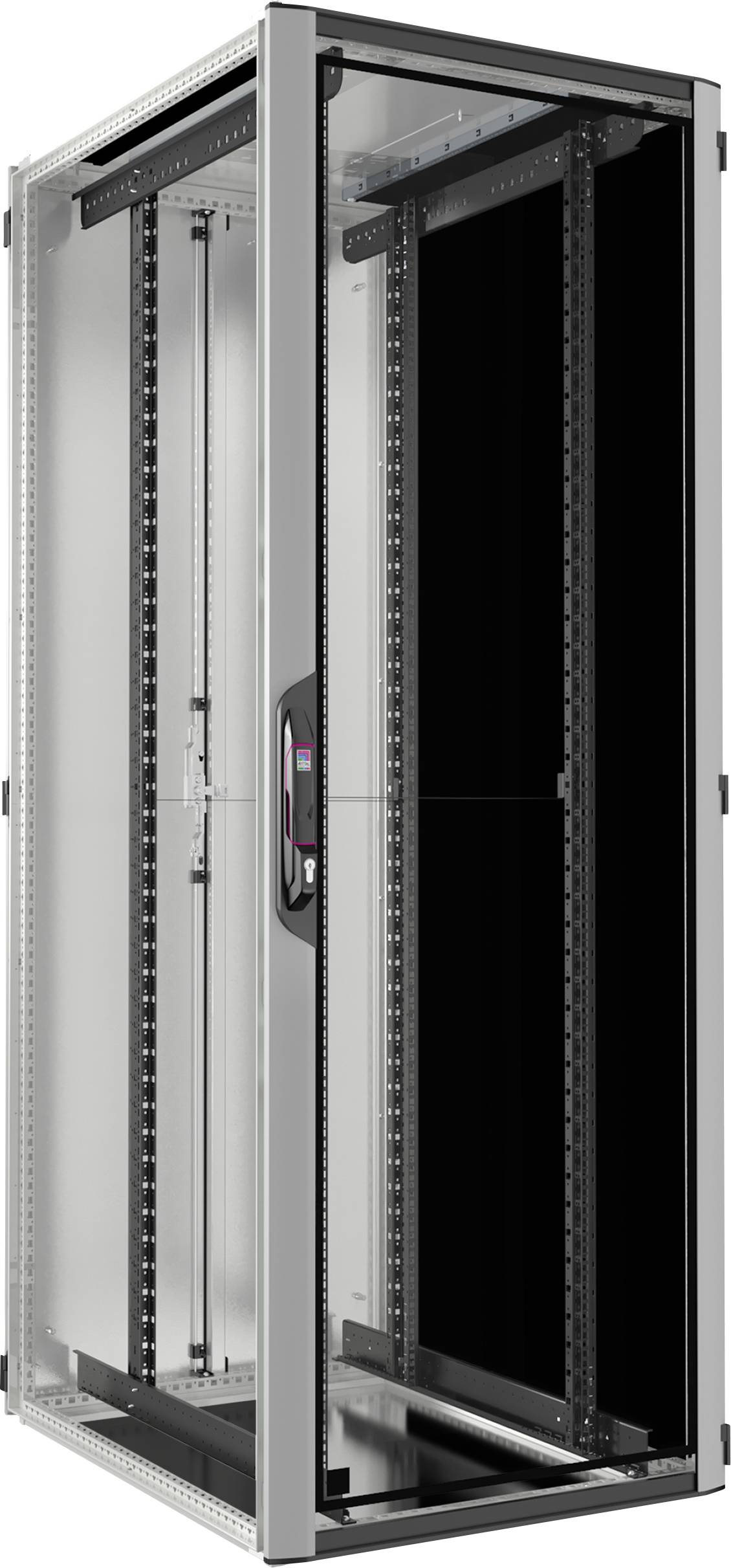 Ein leeres, graues Server-Rack mit Glastür und schwarzen Seitenwänden, geeignet zur Aufnahme von Servern und Netzwerkkomponenten.