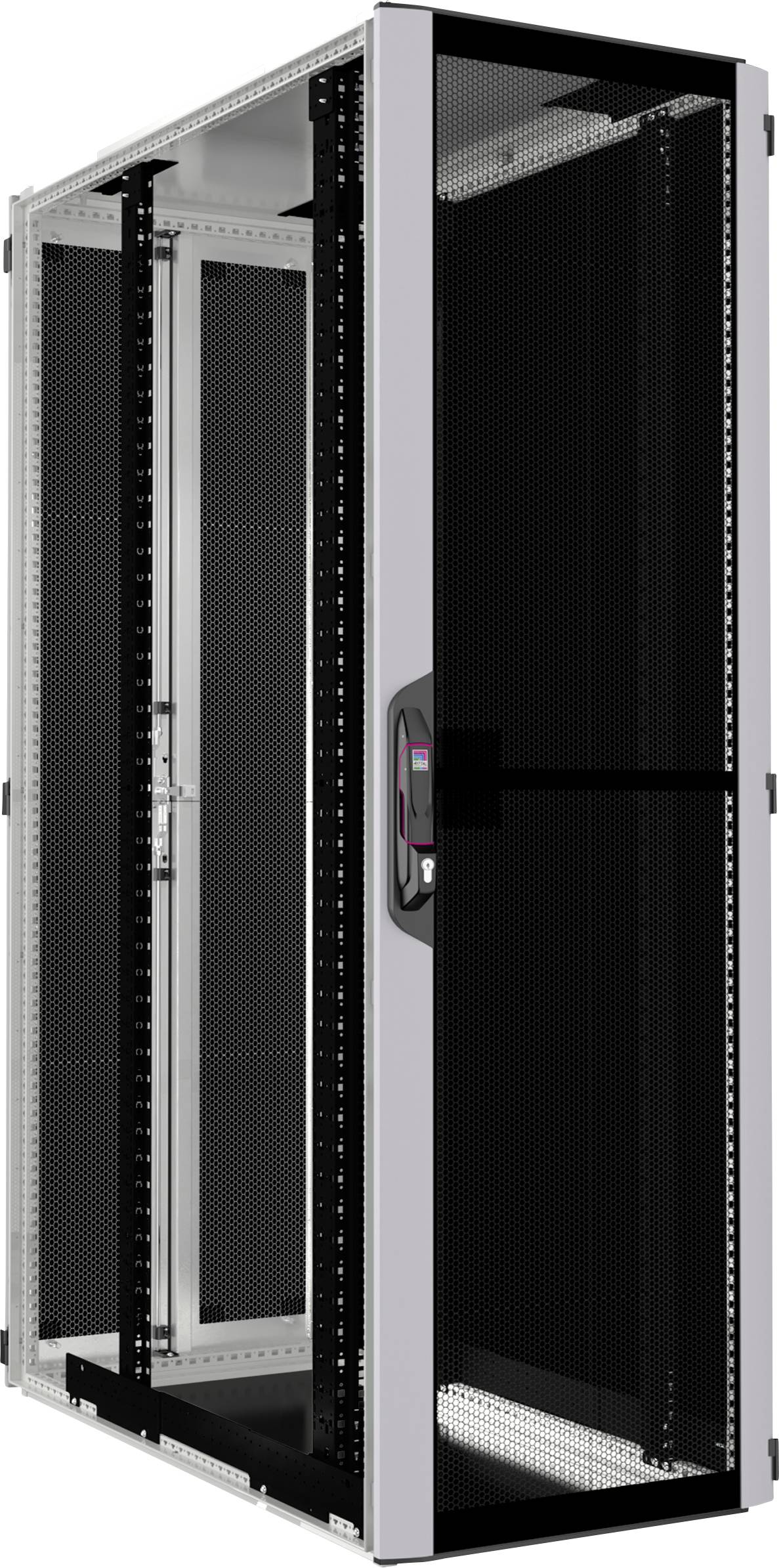 Dunkelgraues Server-Rack mit perforierter Tür und silbernem Rahmen, freistehend, zeigt moderne Netzwerktechnologie oder Rechenzentrumsausstattung.