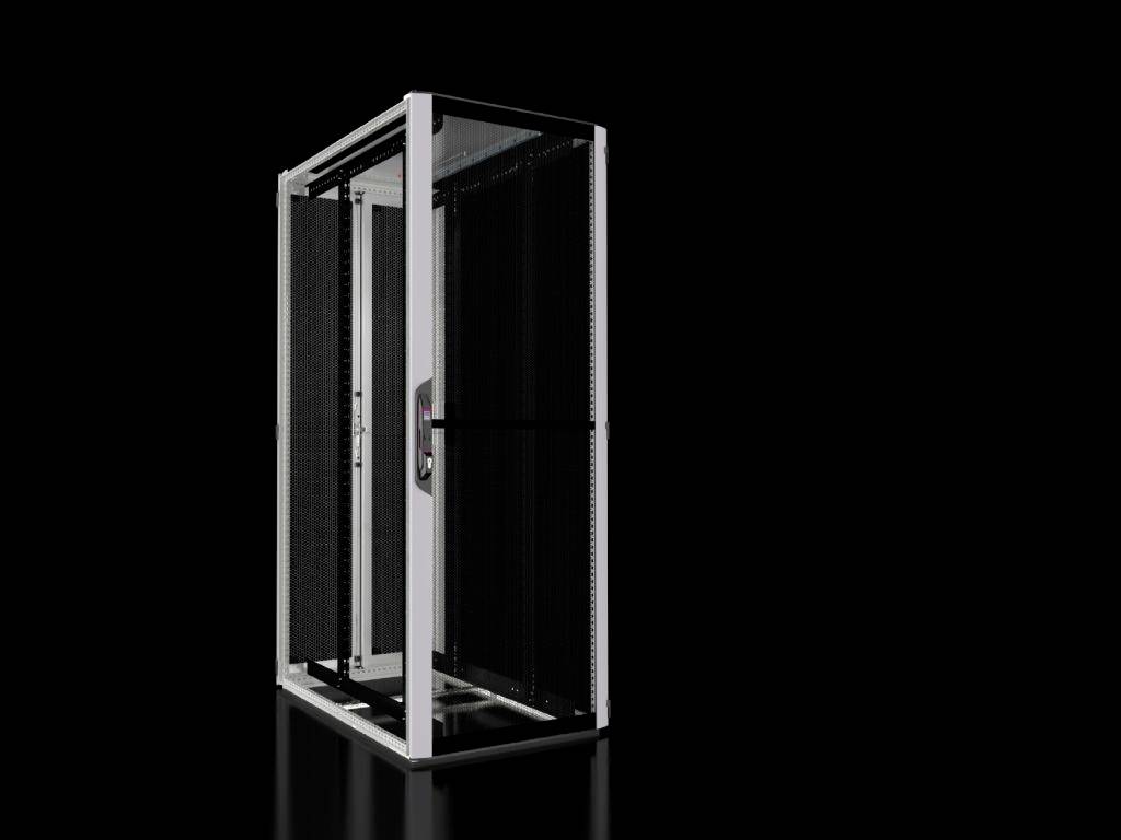 Ein einzelner, beleuchteter Server-Rack steht auf einem glänzenden, schwarzen Hintergrund.