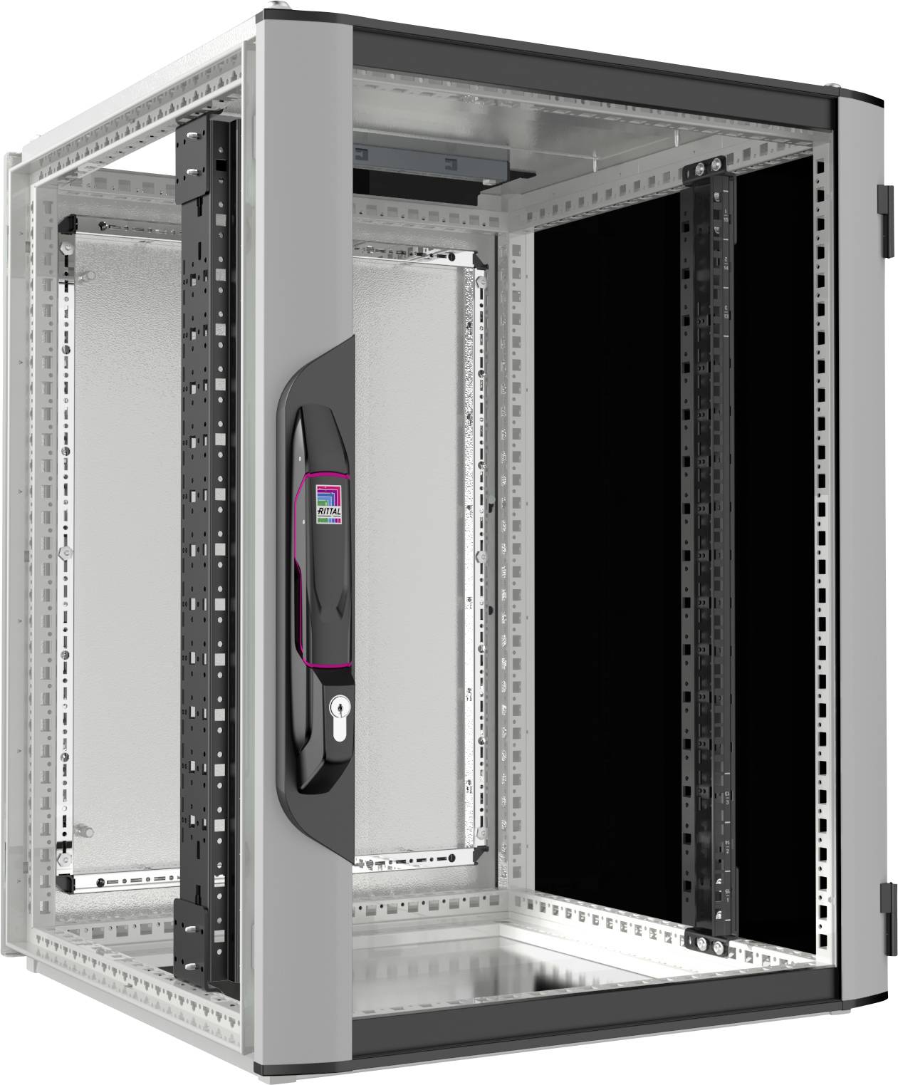 Ein offener Serverschrank aus Metall mit Glastür, geeignet für die Installation von Netzwerkgeräten.