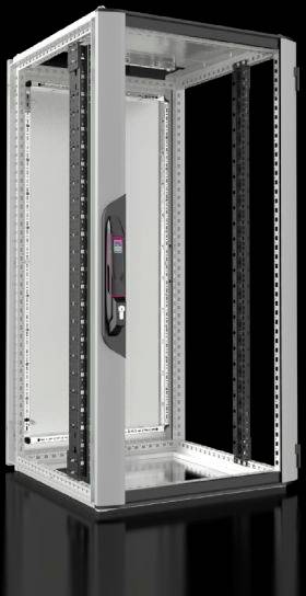 Ein offener Server-Rack-Schrank, schwarz-silbern, steht auf einer glänzenden Oberfläche. Tür geöffnet, Innenseite sichtbar.