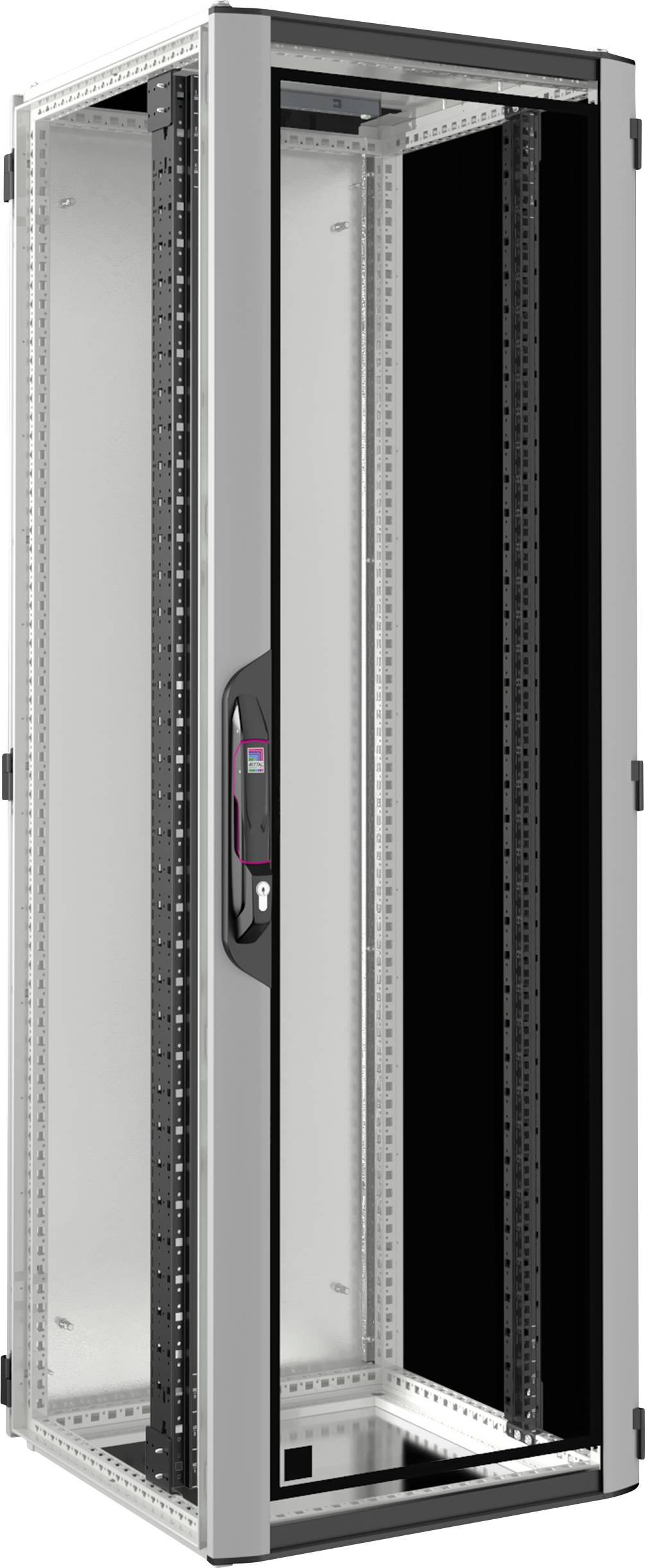 Ein leerer Serverschrank mit Glastür, geeignet für IT-Infrastruktur, zeigt Befestigungsschienen und Belüftungsöffnungen.