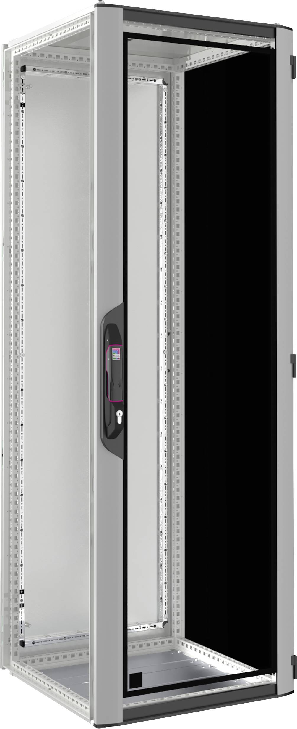 Ein offener IT-Serverschrank mit Glastür, Metallrahmen und regulierbaren Fächern, geeignet für Netzwerk- und Serverinstallationen.