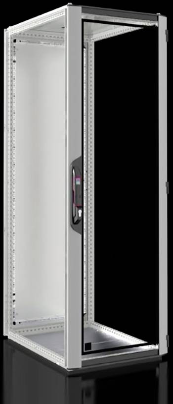 Ein silbernes Serverrack mit Glastür und schwarzen Akzenten, leer, auf einem schwarzen Hintergrund.