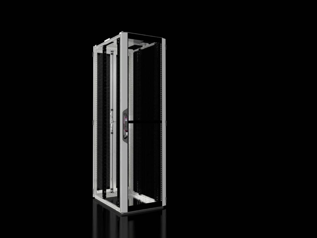 Server-Rack auf schwarzem Hintergrund. Robustes, offenes Design, geeignet für IT- und Netzwerkgeräte.