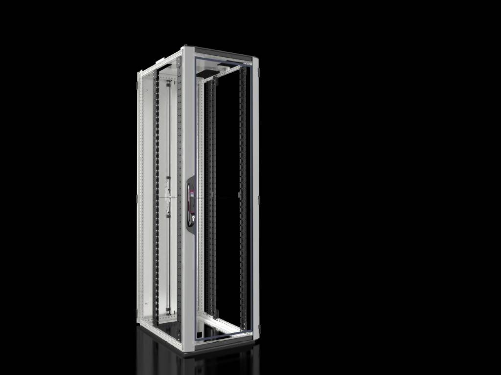 Ein leerer, freistehender Server-Rack-Schrank aus Metall, offen ohne Türen, vor einem schwarzen Hintergrund.