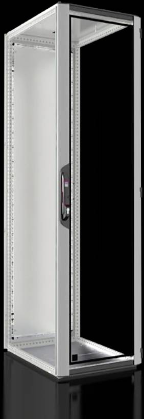 Ein leeres, silbernes Serverschrankgehäuse mit Glastür und schwarzem Hintergrund, geeignet zur Unterbringung von IT-Ausstattung.