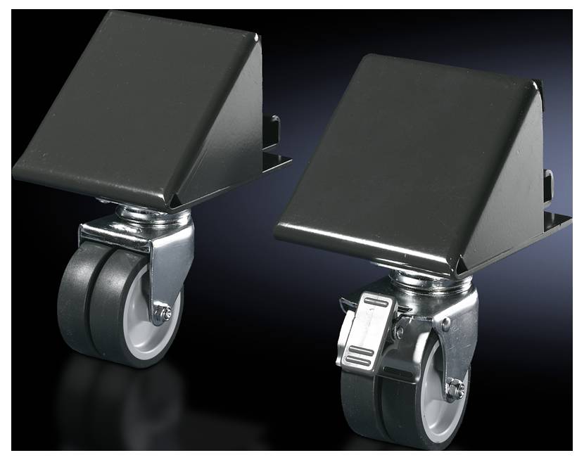 Zwei schwere schwarze Fahrrollen mit stabiler Metallkonstruktion und grauen Rädern, auf schwarzem Hintergrund dargestellt.