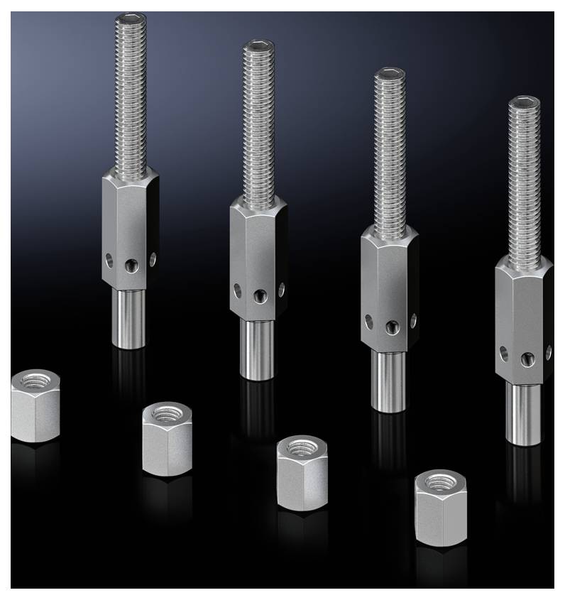 Fünf Gewindebolzen in unterschiedlichen Längen mit passenden Muttern, vor einem dunklen Hintergrund. Geeignet für industrielle Anwendungen.