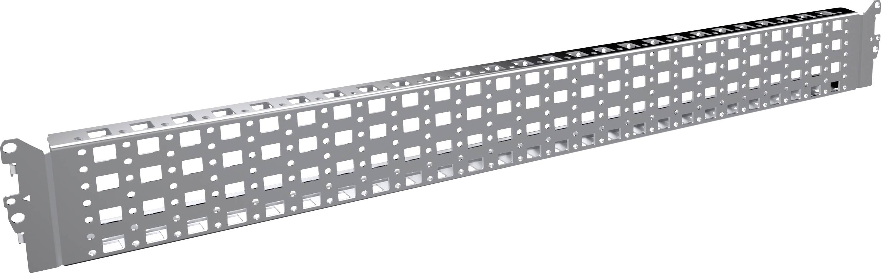 Ein silbernes Metallregal mit quadratischen Ausschnitten, geeignet für industrielle Anwendungen oder Lagerung, liegt diagonal im Bild.