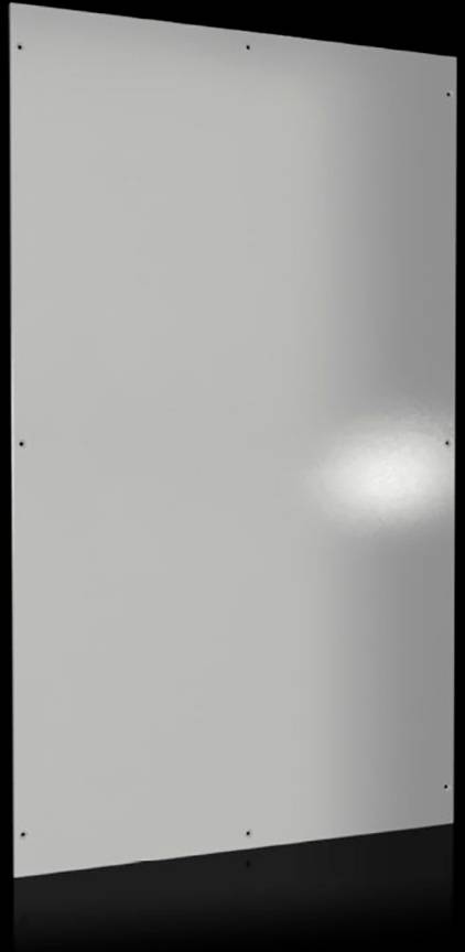 Das Bild zeigt eine große, glänzende Metallplatte mit sichtbaren Schrauben an den Ecken vor einem schwarzen Hintergrund.