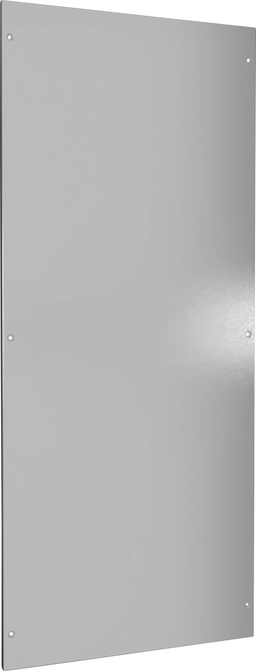 Graue rechteckige Metallplatte mit sichtbaren Schrauben an den Ecken, möglicherweise Teil einer Maschine oder eines Gehäuses.