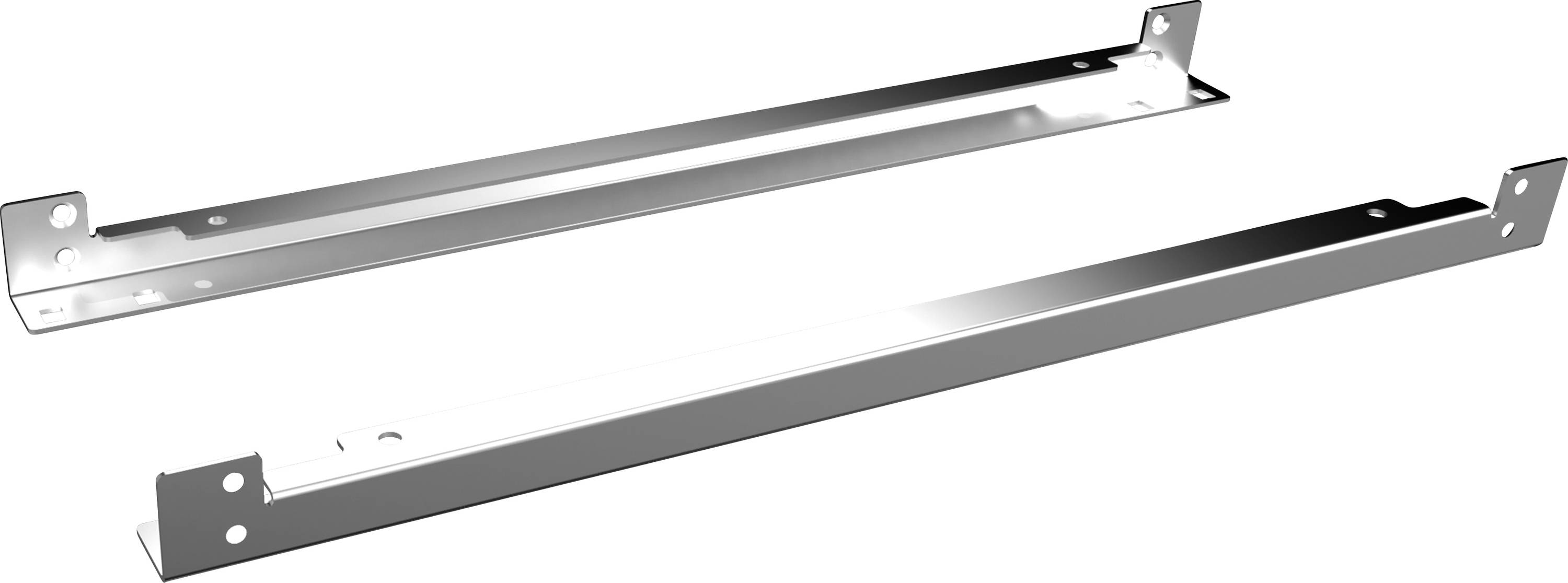 Zwei Metallhalterungen in L-Form für Regalmontage, glänzend silber, mit Bohrungen an beiden Enden.